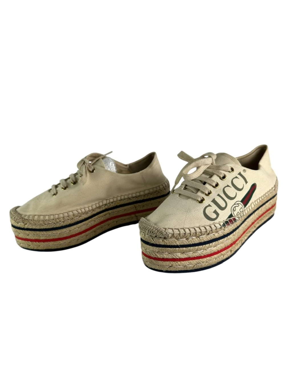 GUCCI Lilibeth Web Logo Canvas Lace Up Espadrille Platfrom Sneakers 38.5 8.5